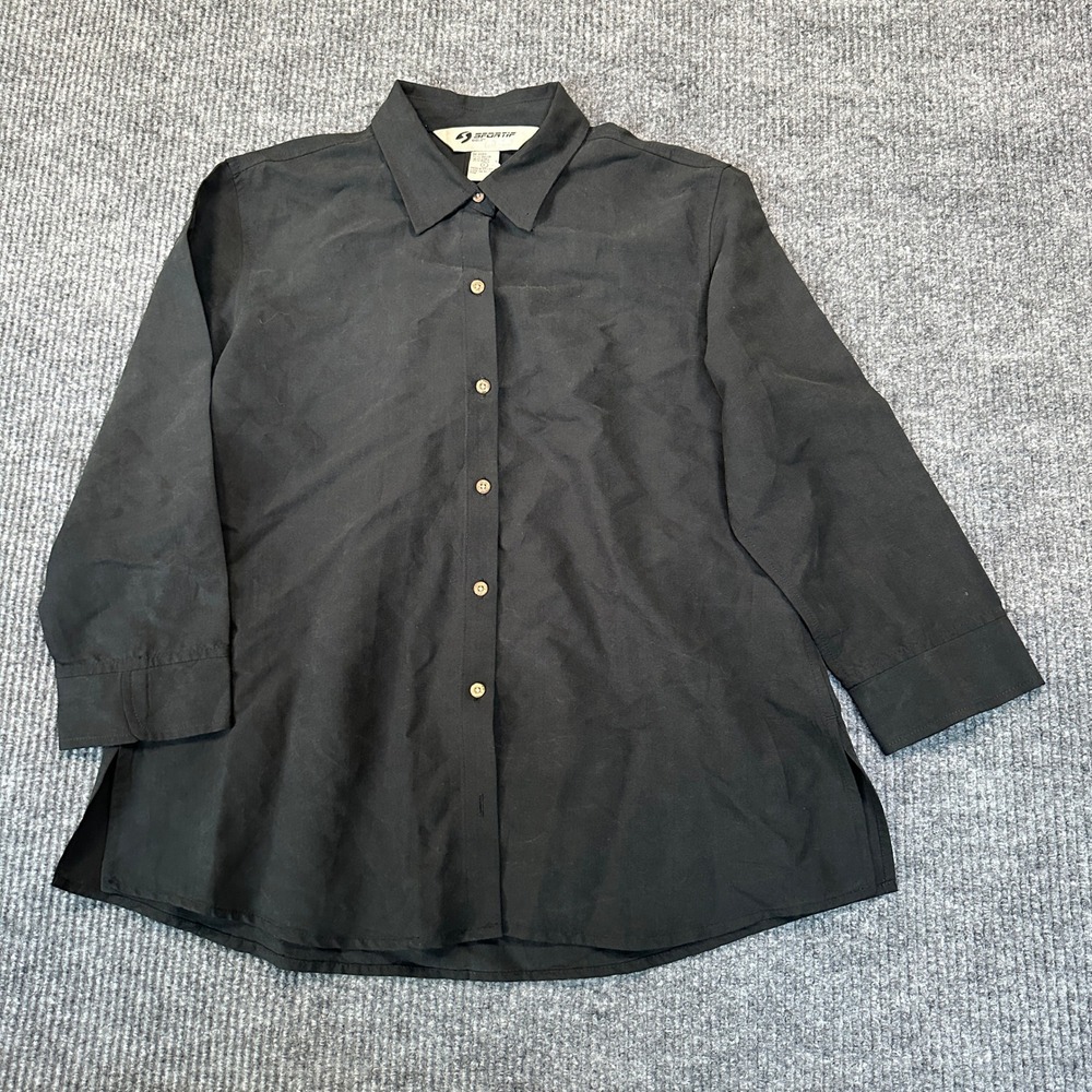 Sportif USA Button Down Top Large Black Linen Rayon Blend 3/4 Sleeve